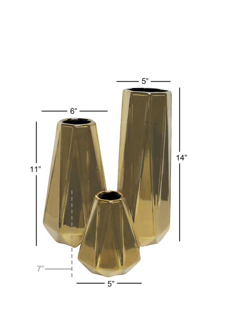 Deco 79 Ceramic Decorative Vase Geometric Centerpiece Vases, Set of 3 Flower Vases for Home Decoration 14", 11", 7"H, Gold - Image 3